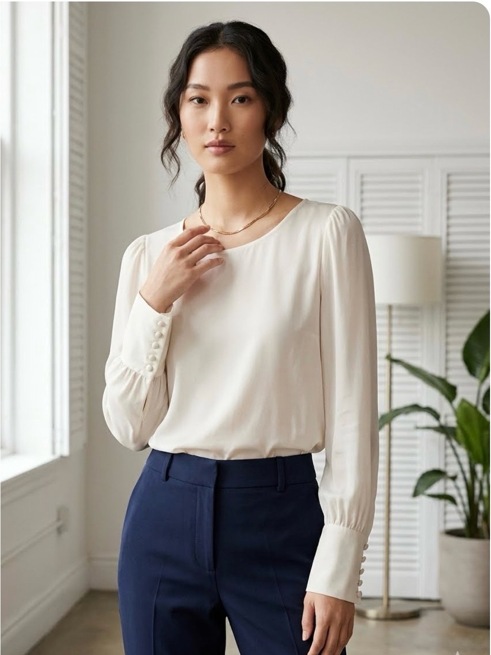 Express Cream Long-Sleeve Button-Cuff Blouse Size Medium